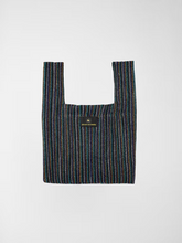 Striped reusable bag with a brand logo on a white background

