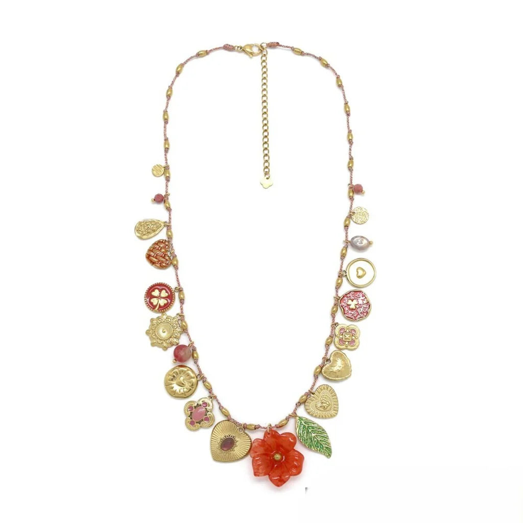 Red Resin Flower Tassel Thread Necklace by The Sisters