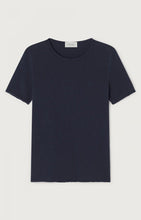 Navy blue t-shirt on a light gray background