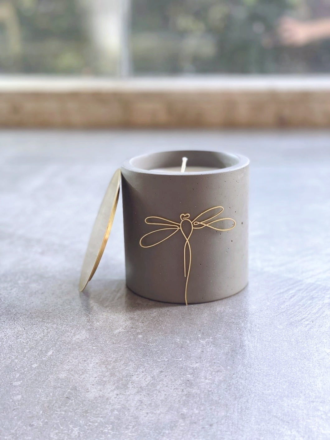 Concrete and Brass Dragonfly Soy Wax Scented Candle by Il Était Une Fois