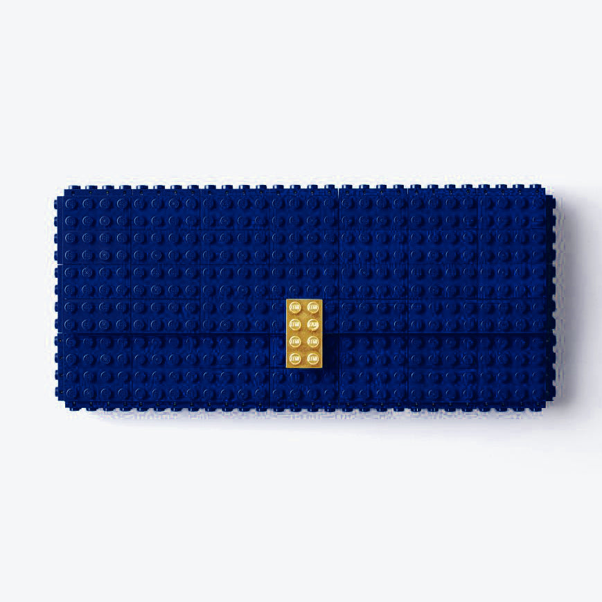 Navy Lego clutch with gold plated brick